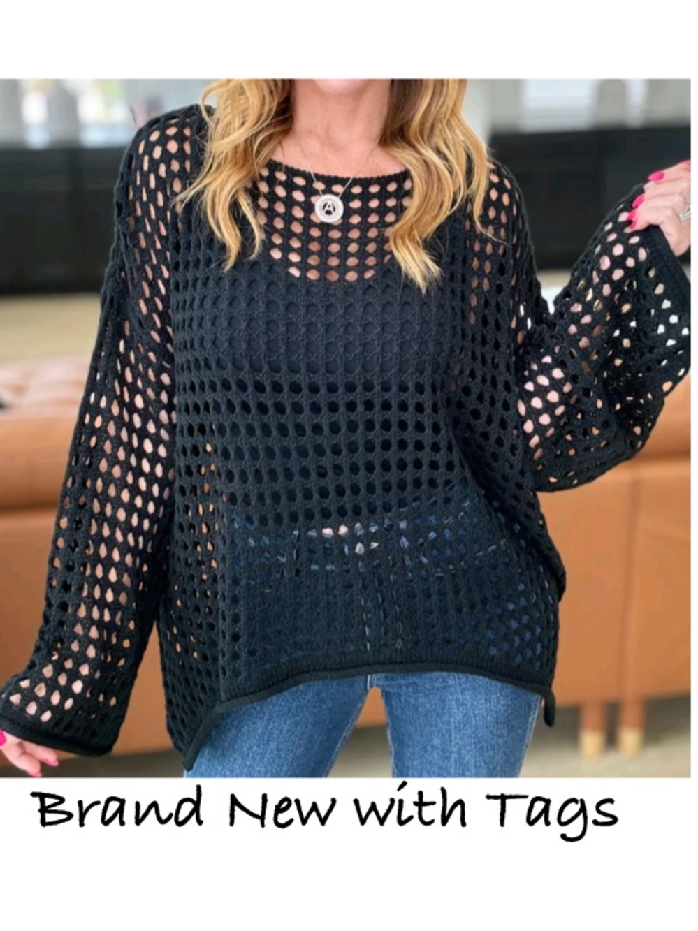 NWT Rebel Raven Black open knit crochet tunic blouse